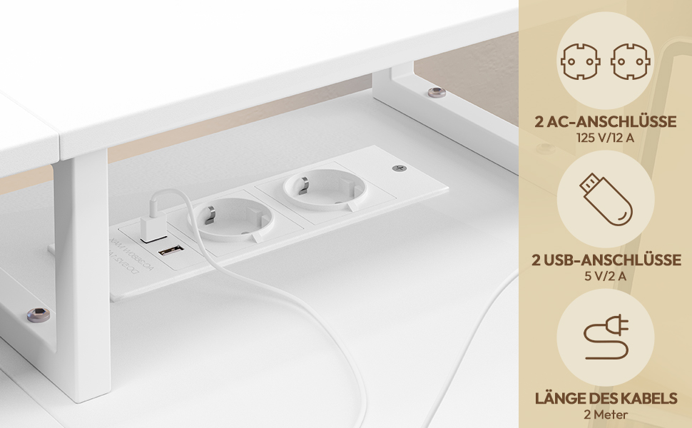 Кутовий стіл Yaheetech L-подібний з розетками, 120 x 68 см, білий. Ігровий стіл з кріпленням для монітора, 4 шухлядами, 2 полицями та кишенькою для зберігання. Для дому та офісу.