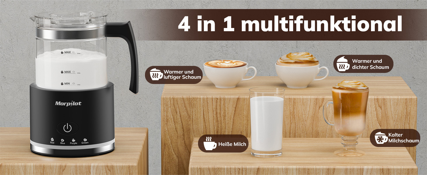 Електричний піноутворювач для молока Morpilot, 130-500 мл, 600 Вт, 4-в-1, для гарячого та холодного молока, миється в посудомийній машині, скляний, дизайн Latte, чорний