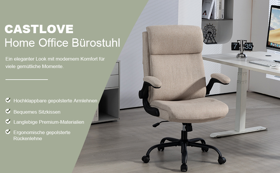 Офісний стілець CASTLOVE з ергономічною спинкою, регульовані підлокітники, висока спинка, регулювання висоти, функція гойдання (тканина бежевого кольору, до 150 кг)