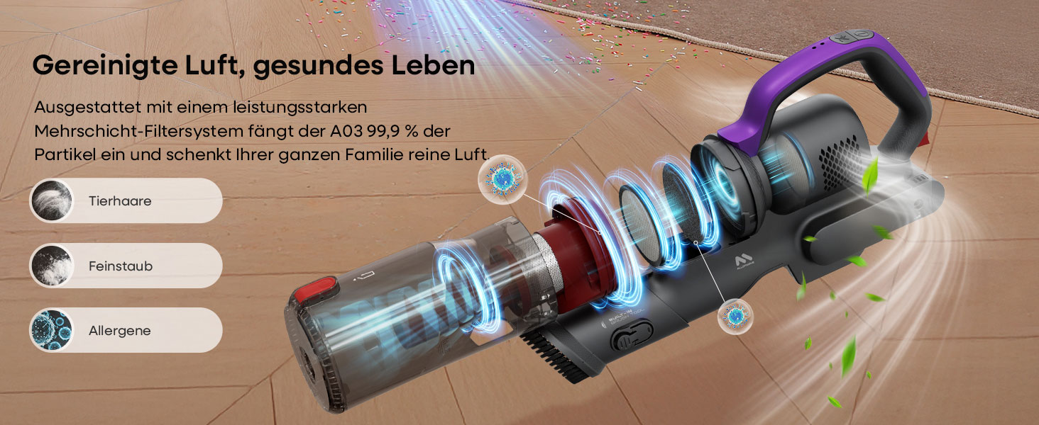 Акумуляторний бездротовий пилосос AlloyMove A03 Lila: 45000Pa, 450W, 60 хвилин, LED, для тварин, килимів, твердих поверхонь