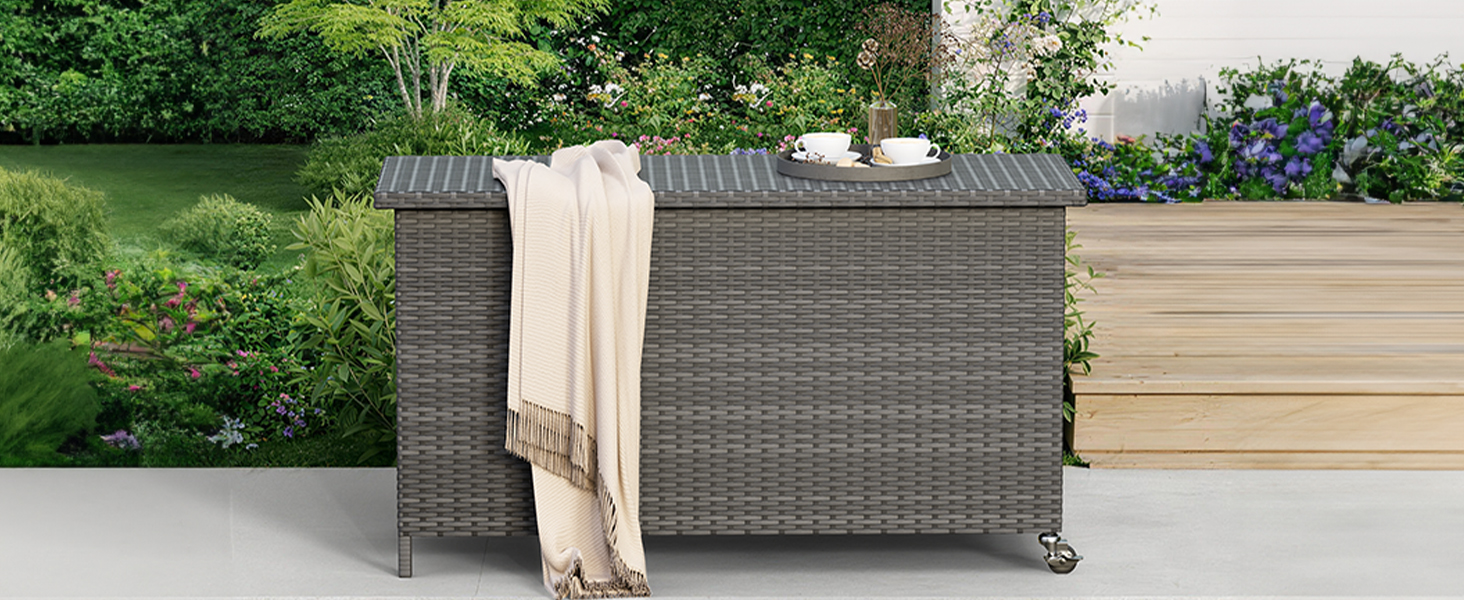 Водонепроникний садовий ящик Amopatio Gartenbox 480л з поліротангу, металевий ящик для подушок на колесах з газліфтом для саду та балкону, сірий