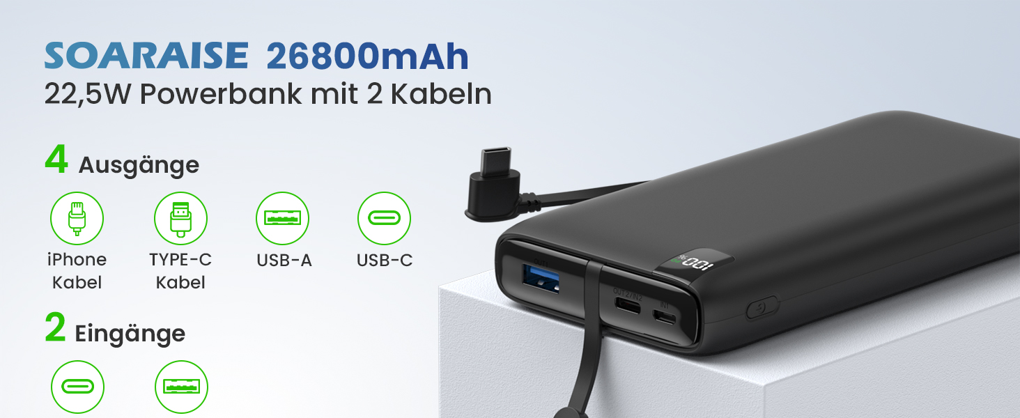 Швидкий зарядний пристрій 22,5 Вт, 4 виходи, 2 входи, чорний, 26800mAh - USB C