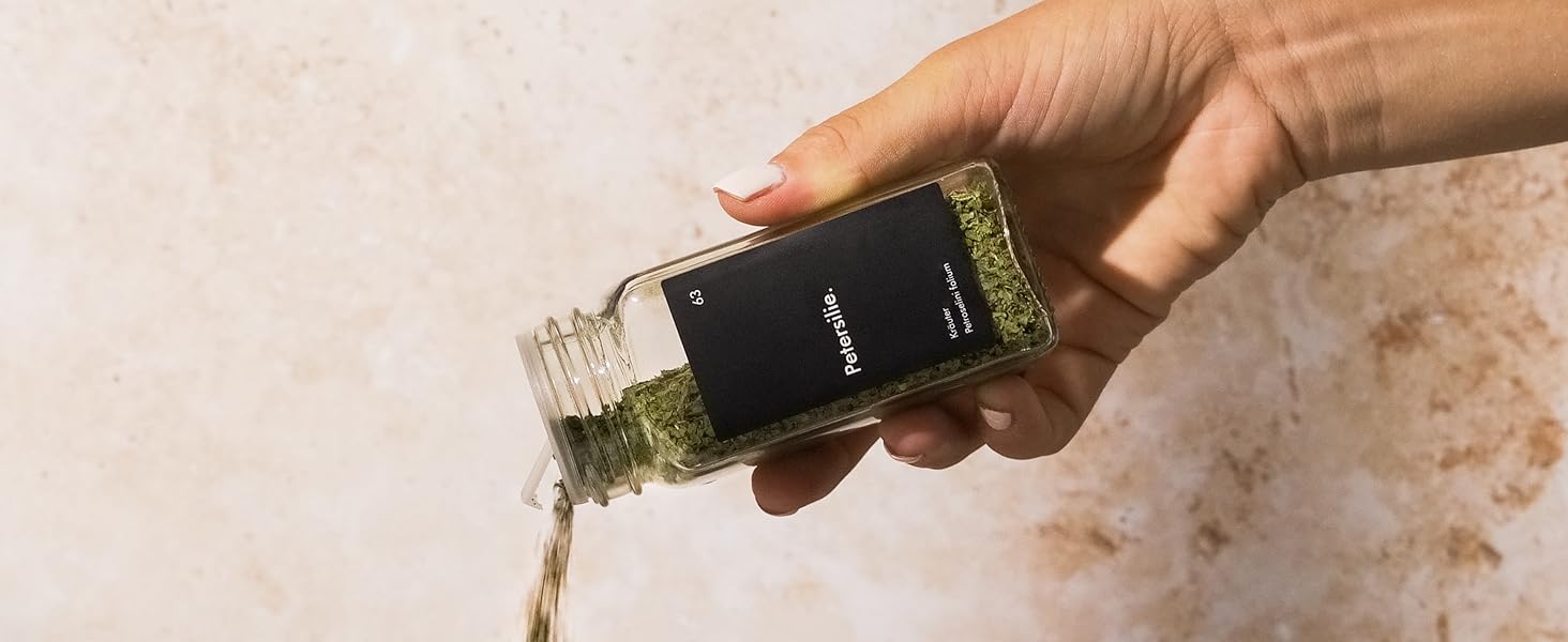 Набір скляних банок для спецій KIVY з дозатором [24x 120 мл] + 240 вологостійких етикеток - герметичні скляні баночки для спецій - набір банок для спецій чорного кольору