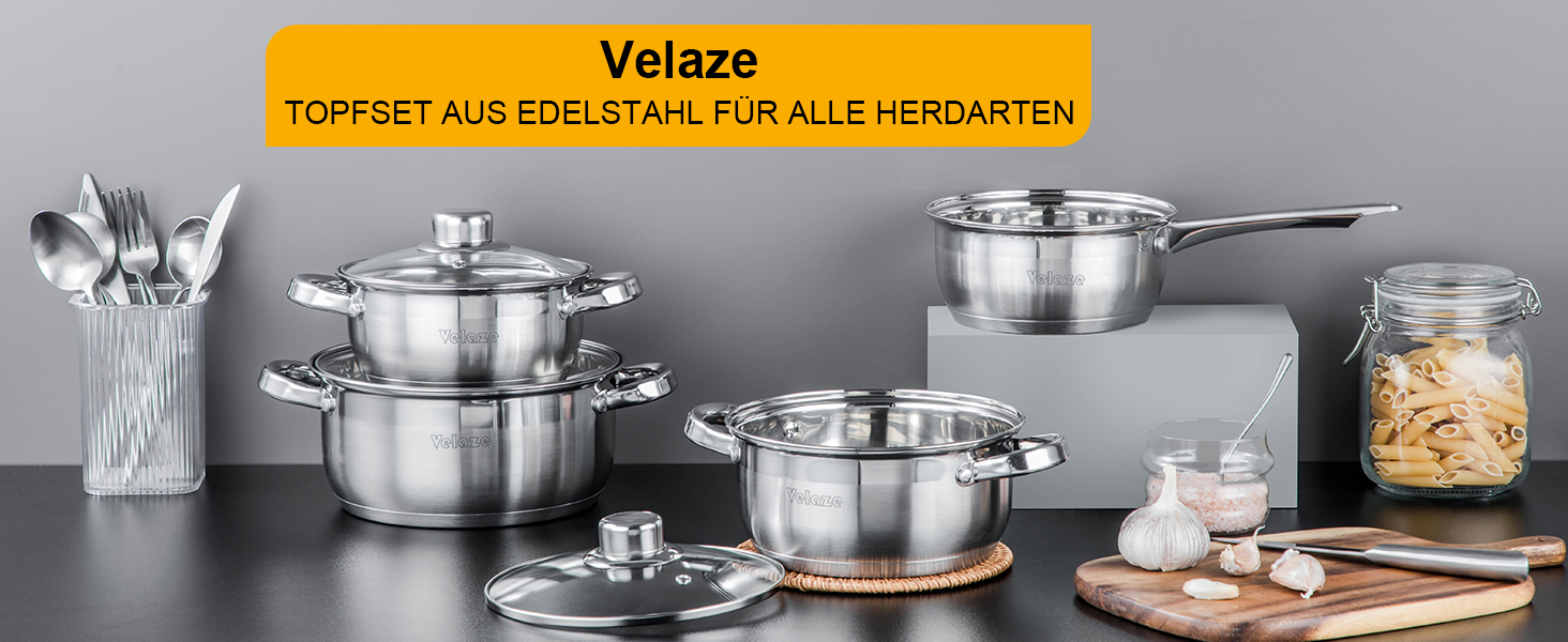 Набір каструль Velaze 7-ка з нержавіючої сталі, з кришками, індукційні, PFOA free, для всіх плит, сріблясті