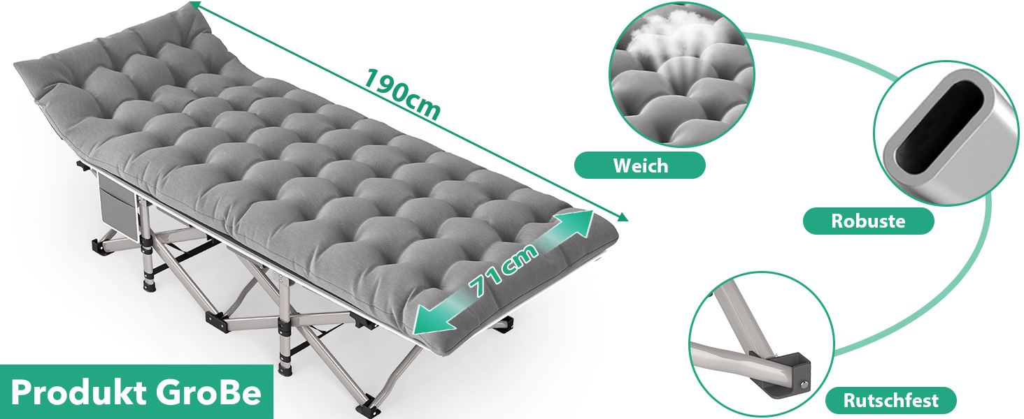 Розкладне ліжко для кемпінгу з матрацом та сумкою-переноскою, посилене (до 208 кг), XL 190x71x35 см, сіре