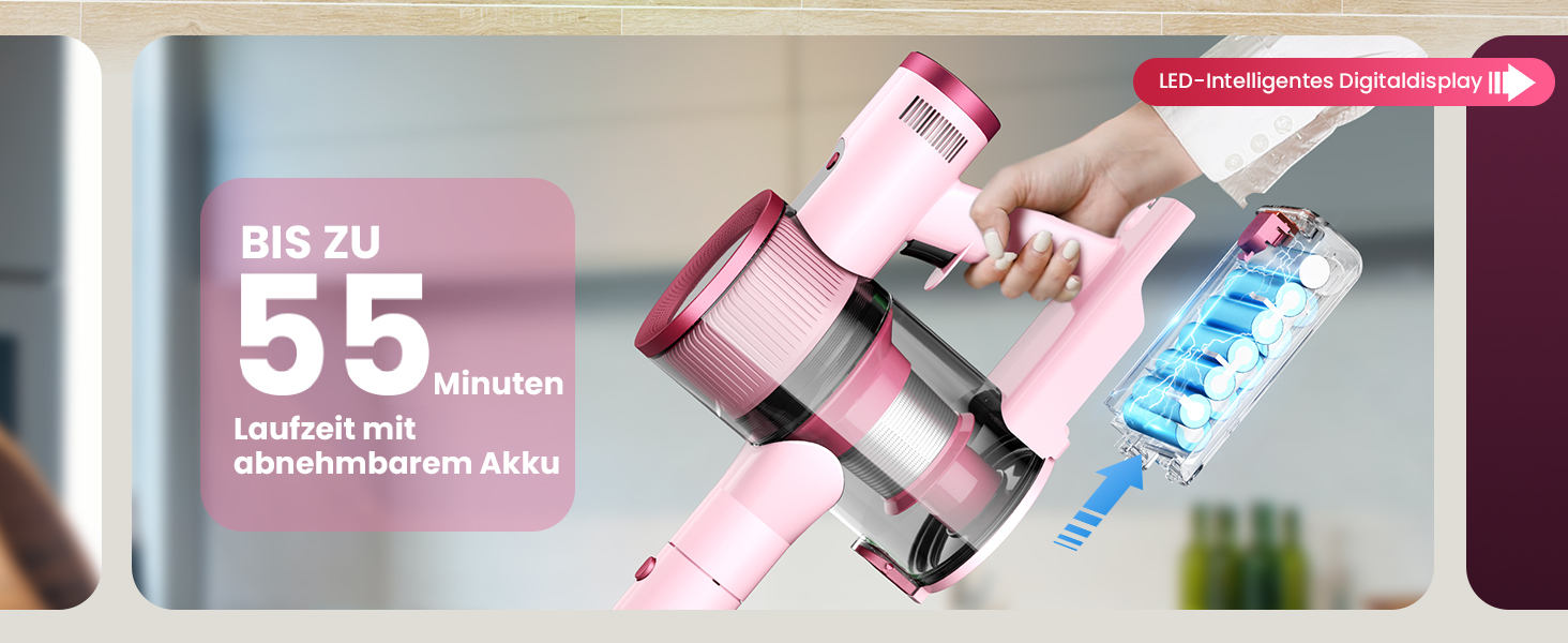 Акумуляторний пилосос Dzaki 50000 Па з дисплеєм, підставкою, довгою роботою та щіткою проти заплутування для килимів, твердих підлог, шерсті тварин, авто - помаранчево-рожевий