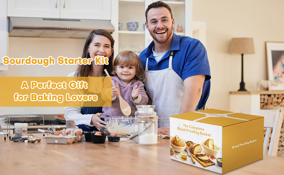 Набір для приготування закваски: кошик для бродіння (Banneton), скляна тара, ніж для хліба (Bread Lame), скребок для тіста, скребок-лопатка та силіконовий хлібний гребінець