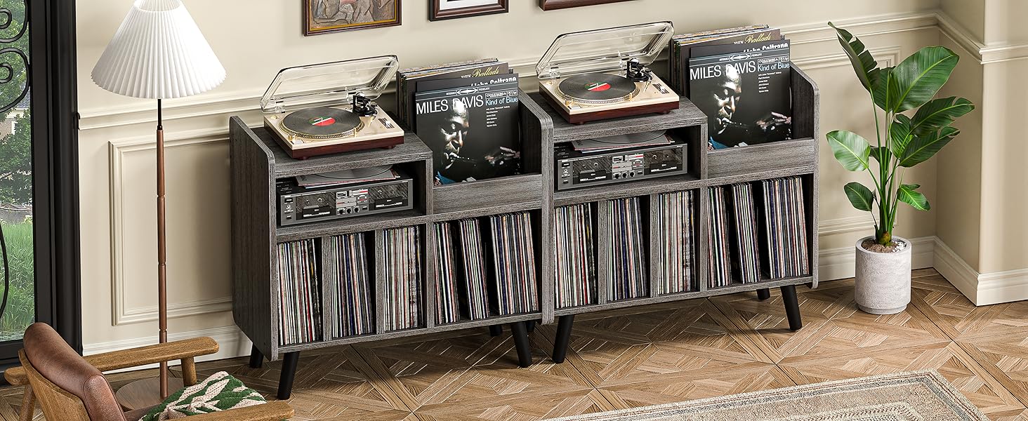 Стіл для програвача, стійка для вінілових пластинок середини століття з місцем для зберігання до 350+ альбомів, шафа для вінілу з регульованими полицями (Сірий)
