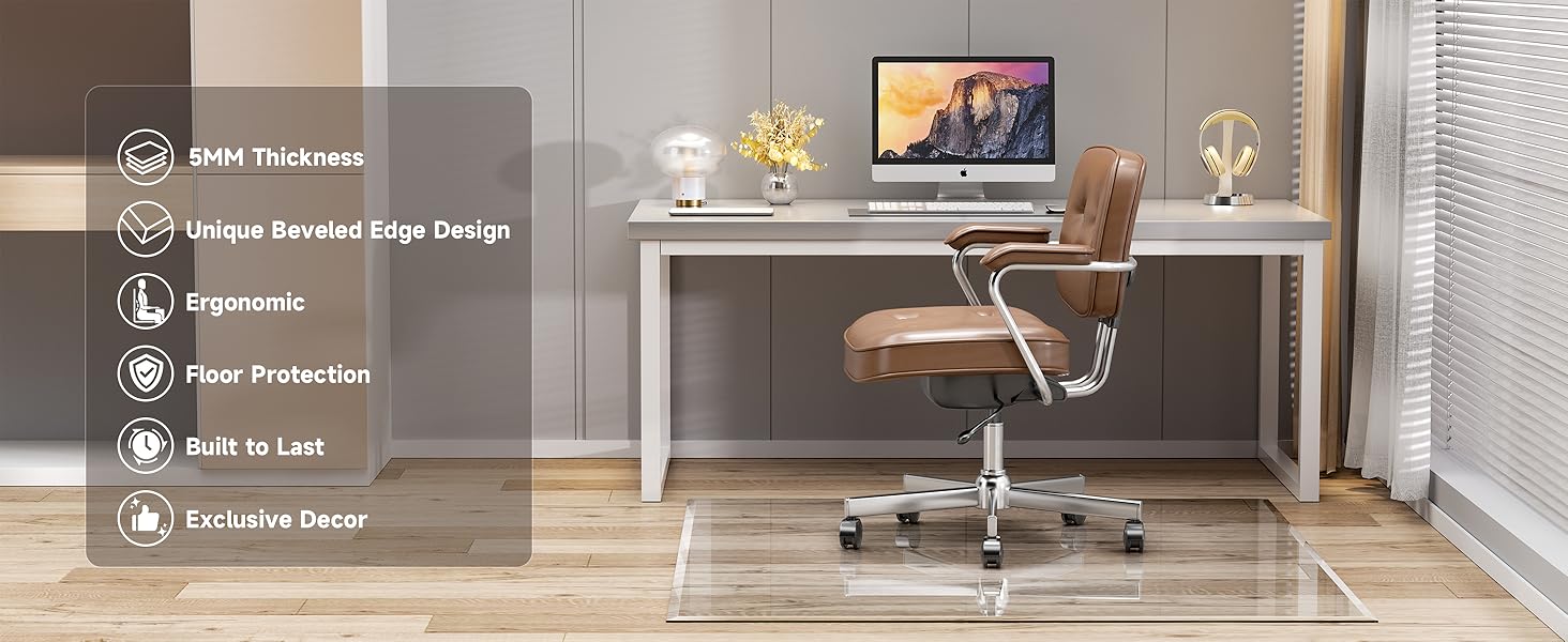 Захисна підкладка під офісний стілець з прозорого скла, 121 x 91 см, з заокругленими краями, для захисту підлоги, підходить для килимових та дерев'яних підлог