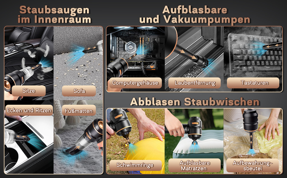 Акумуляторний ручний пилосос 4-в-1 для авто та дому, безщітковий двигун 22000Па, 3 режими потужності, 180000 об/хв, для шерсті тварин (Чорний)