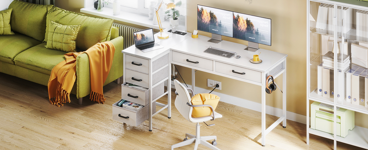 Комп'ютерний стіл Coleshome L-подібний з 6 шухлядами, білий, 126x80 см