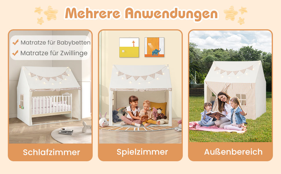 Дитяче намет-будиночок COSTWAY з килимком та світлом, з прапором та вікнами, для хлопчиків та дівчаток від 3 років (Бежевий)