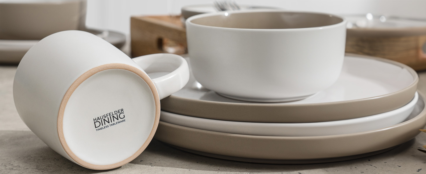 Набір посуду Hausfelder для 8 осіб (32 елементи) – сервіз з тарілок, мисок та чашок, кераміка, бежевий (Nordic Sand), стійкий до миття в посудомийній машині