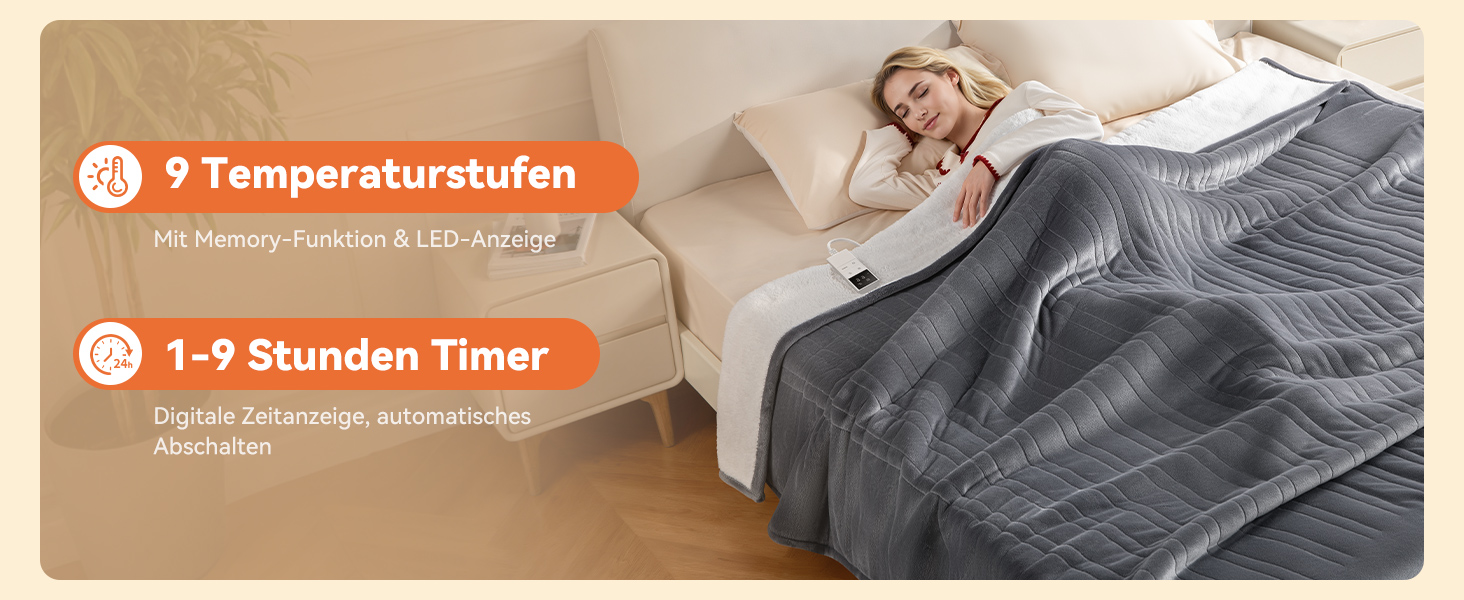 Електрична ковдра з автовимкненням та 9 зон нагріву 200x180 см, таймер 1-9 год з функцією пам'яті, швидкий нагрів та рівномірний розподіл тепла, двостороння фланель та штучне хутро