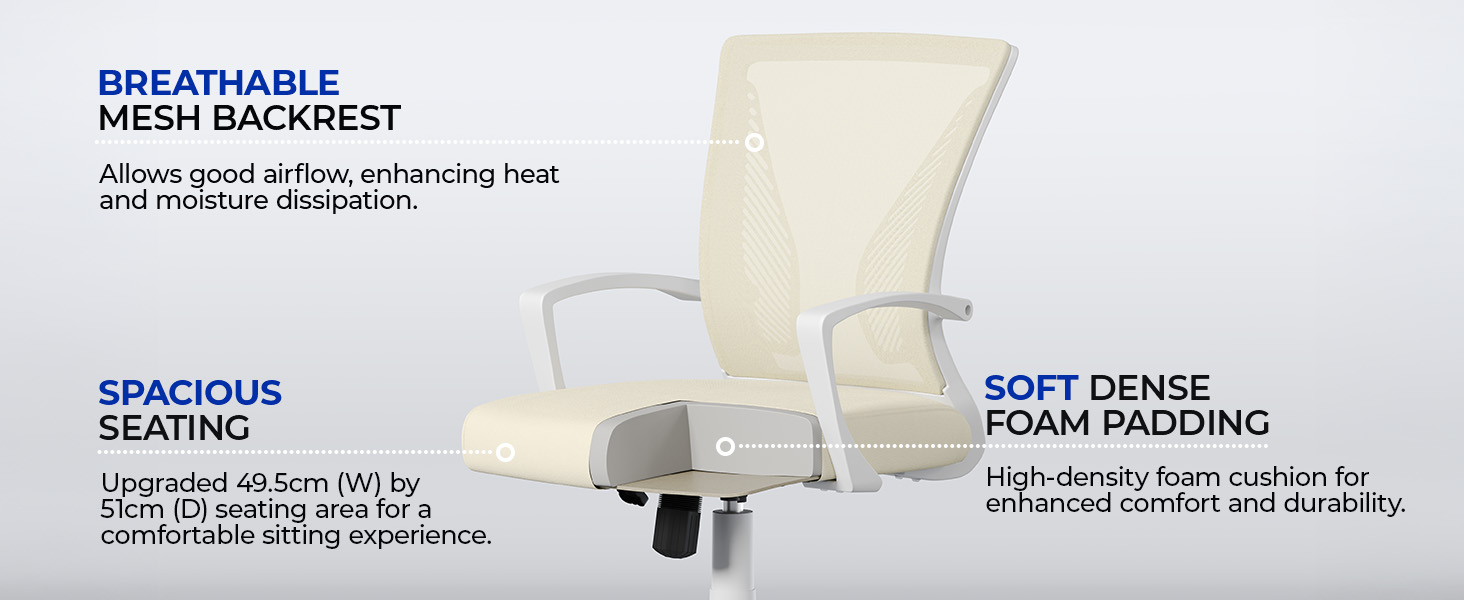 Офісний стілець Yaheetech ергономічний з сітчастою спинкою, регульований, з підлокітниками, бежевий, до 136 кг