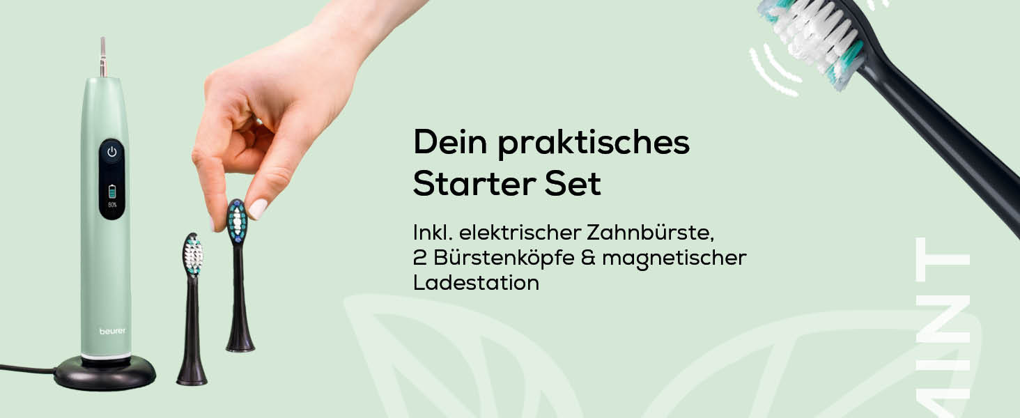 Електрична зубна щітка Beurer SC 30: 4 режими чищення, 80 000 коливань, таймер, індикація LED, 2 насадки, корпус з переробленого пластику (М'ята)