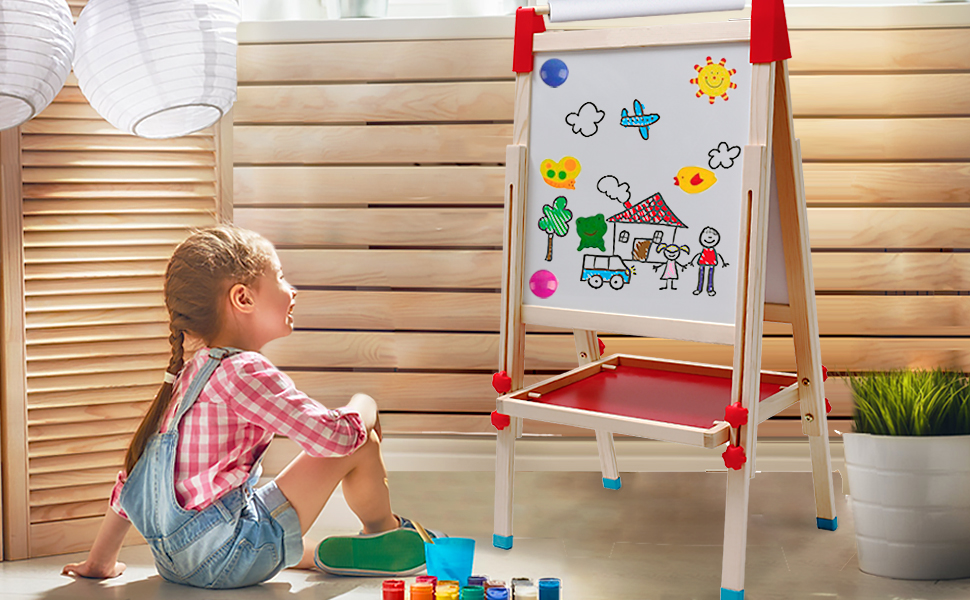 Дитяча мольберт Kinder Staffelei 3 в 1: дерев'яна дошка з рулоном паперу, двостороння, регульована висота 68-114 см. Комплектація: аксесуари для малювання. Підходить для дітей 3-12 років.