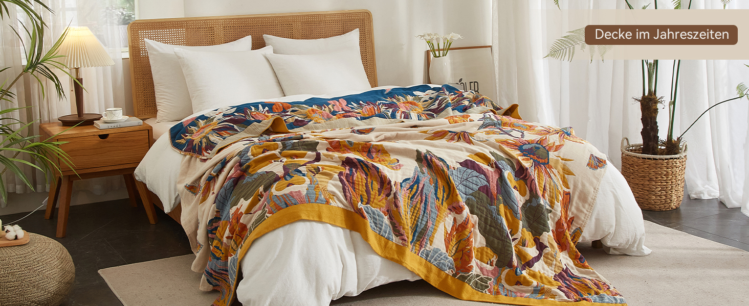 Богемна ковдра Boho Decke 100% бавовна – двостороння муслінова ковдра 150x200 см, м'яка ковдра для дивана та покривало для ліжка, естетичний дизайн, ідеально для вітальні та спальні, помаранчевий/зелений 150 x 200 см, Sommertanz