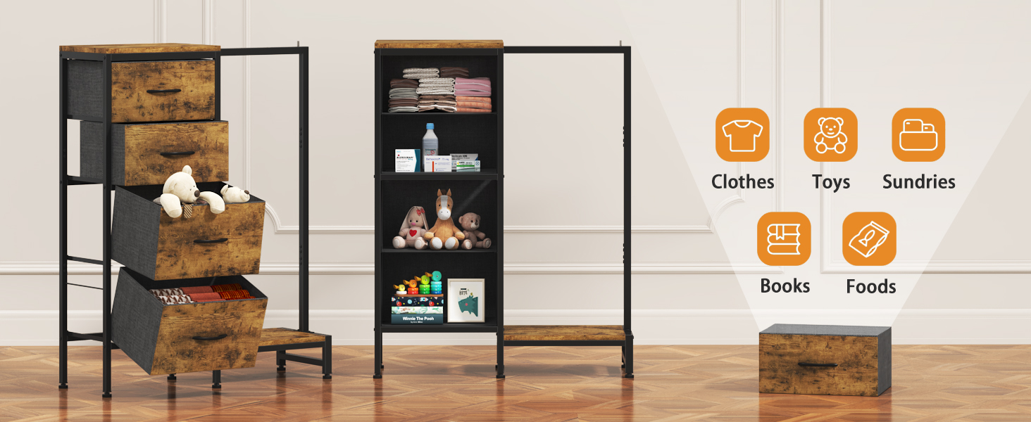 Комод 111 см з 4 висувними ящиками з тканини, з вішалкою, для спальні, вітальні, передпокою, дерев'яний, подарунок