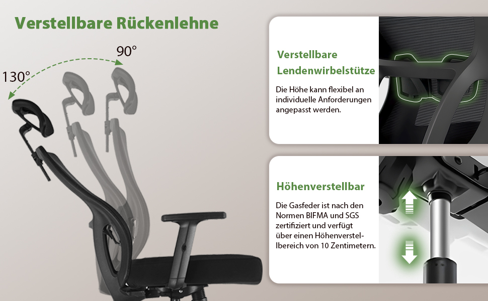 Ергономічне крісло для офісу, регульоване по висоті, поворотне з підтримкою попереку та підголівником, функція відкидання 90°-130°, максимальне навантаження 150 кг, чорний колір, X-Large