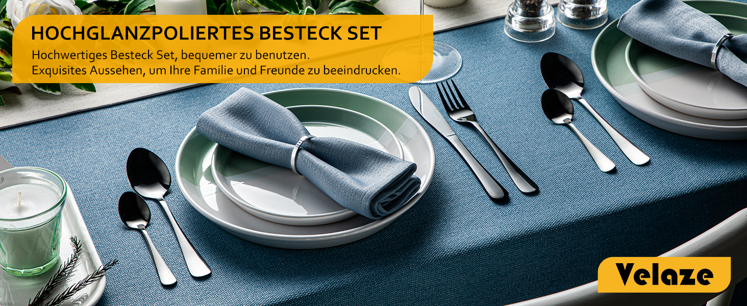 Набір столових приборів Velaze чорний, 48 предметів, 12 персон, нержавіюча сталь 18/10, дзеркально полірована, з подарунковою коробкою