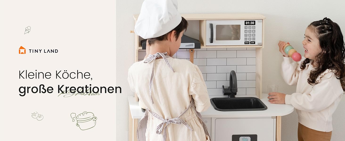 Дерев'яна дитяча кухня Tiny Land з аксесуарами: 18 предметів посуду та їжі. Іграшковий кухонний набір для дітей з підсвіткою та звуками.