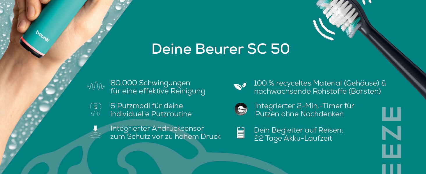 Електрична зубна щітка Beurer SC 30 Ocean Breeze: 4 режими чищення, 80 000 коливань, таймер, LED-дисплей + 2 насадки, корпус з переробленого пластику