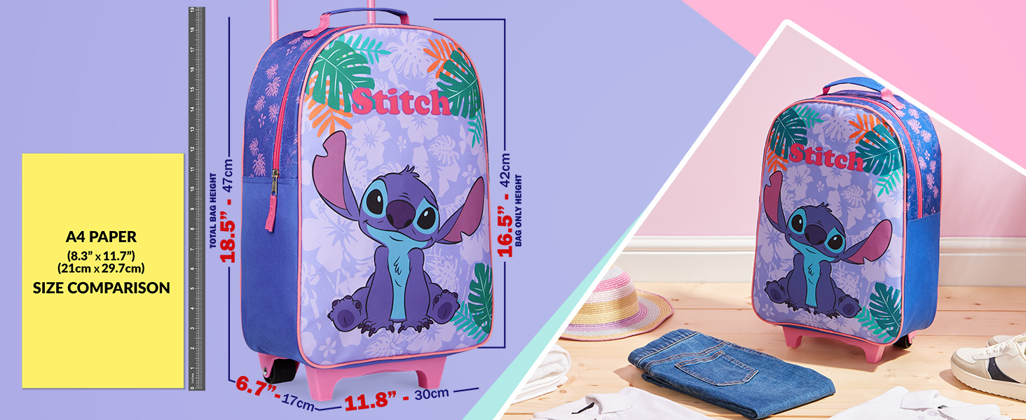 Дитяча валіза-тролей Disney Stitch для дівчаток та хлопчиків, ручний багаж з колесами для подорожей та відпустки, офіційний мерч Stitch, 47x30x17 см, синя