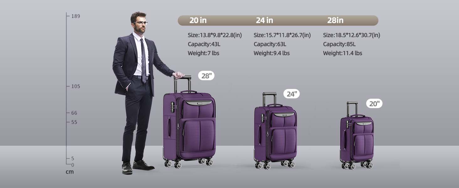 Набір валіз SHOWKOO Softshell 3 шт. (фіолетовий): 50.8, 61, 71.1 см, розширювані, з TSA-замком