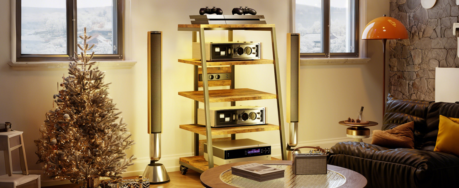 Стеллаж для Hi-Fi апаратури з коліщатками, стіл для програвачів з розетками, LED-підсвічуванням та регульованими полицями. Металевий стійка для аудіо- та стереосистем, 60 x 52 x 110 см