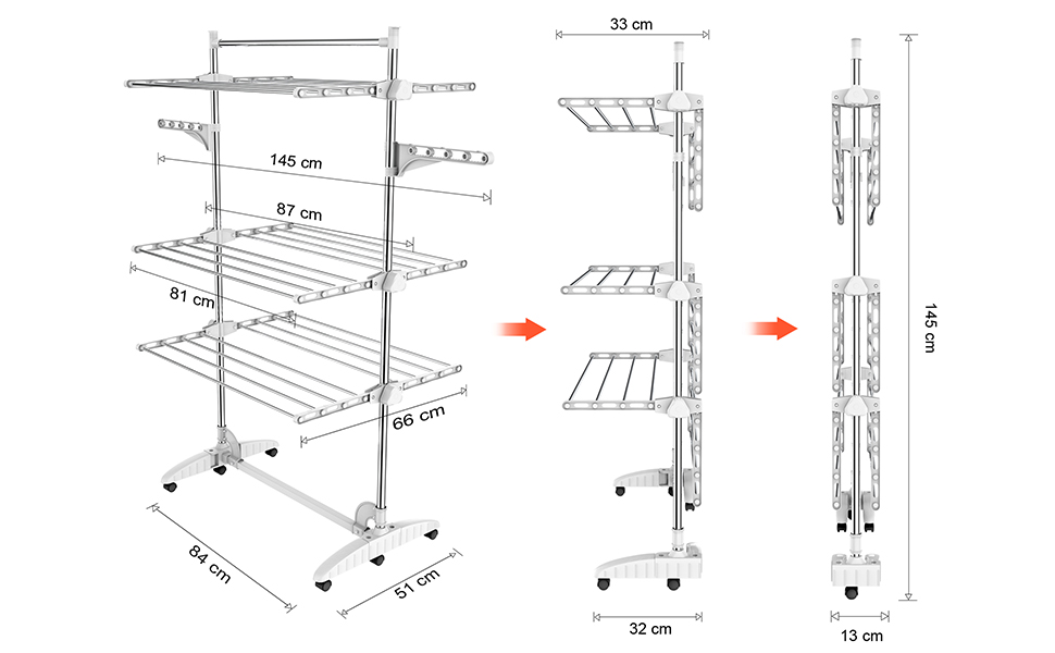 Сушарка для білизни, сушарка - Матеріал труби з нержавіючої сталі - Максимальна вантажопідйомність 3 кг на опорну планку - 3 полиці, білі, з крилами та верхньою планкою