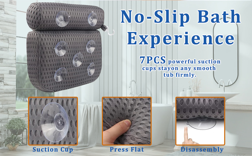 Подушка для ванни з піни Memory Foam, антиковзка, для шиї та спини, 4D вентиляція, 6 присосок, сіра