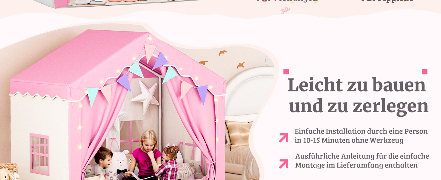 Дитяче намет-ігровий будиночок EROMMY 2-в-1 з килимком, прапорцями та світлодіодними смугами, з двома дверцятами, з даховим віконцем, для дому, 3+ роки (Рожевий)