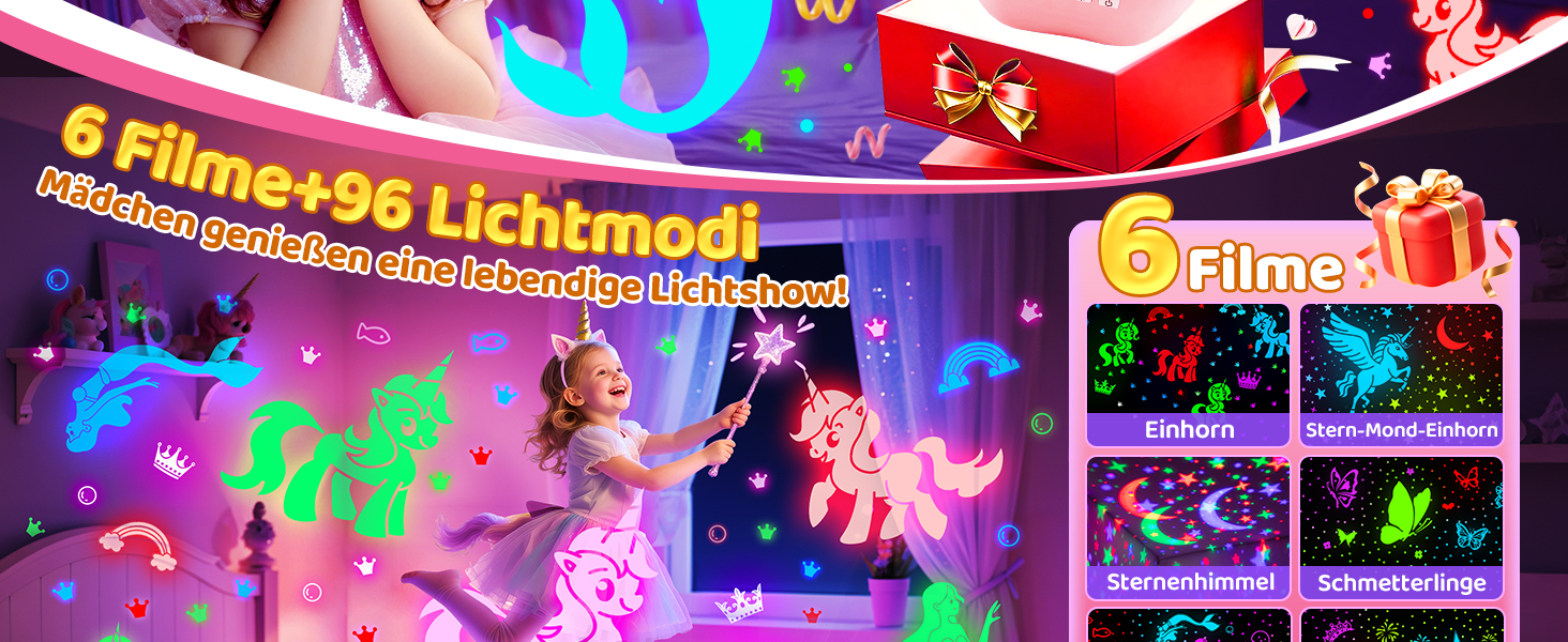Проєктор зоряного неба One Fire Sternenhimmel для дітей: 96 режимів + 6 фільмів, нічник, обертання 360°, рожевий, з пультом ДУ, подарунок для дівчаток 1-9 років