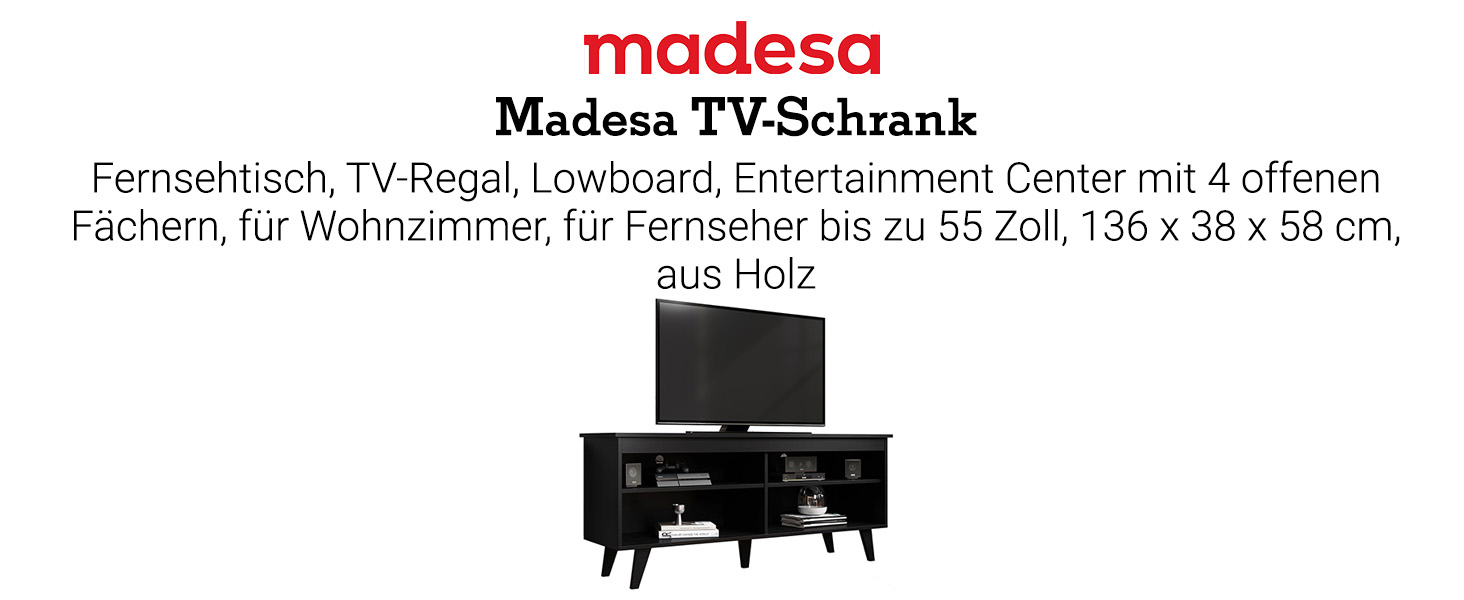 Тумба ТБ Madesa, телевізійна тумба для телевізора до 55 дюймів, для вітальні та спальні, 136 x 38 x 58 см, з дерева - Чорний