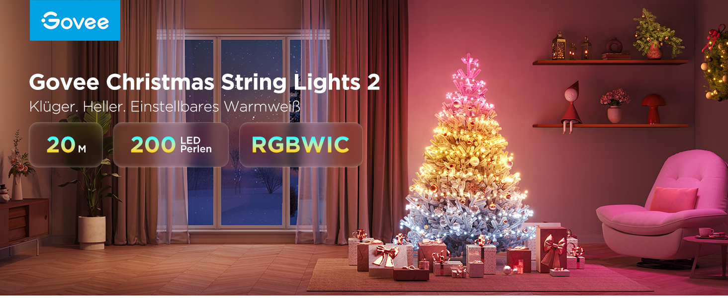 Різдвяні гірлянди Govee, 20 МБ RGBICW, 200 світлодіодів, відображення форм, 130 сцен, IP65, синхронізація музики, сумісність з Alexa