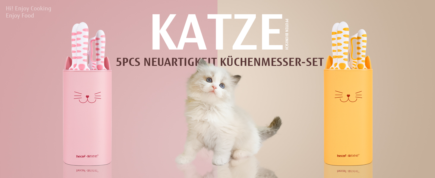 Набір кухонних ножів Hecef: 5 штук у блоці, рожевий, з ручками у формі котів