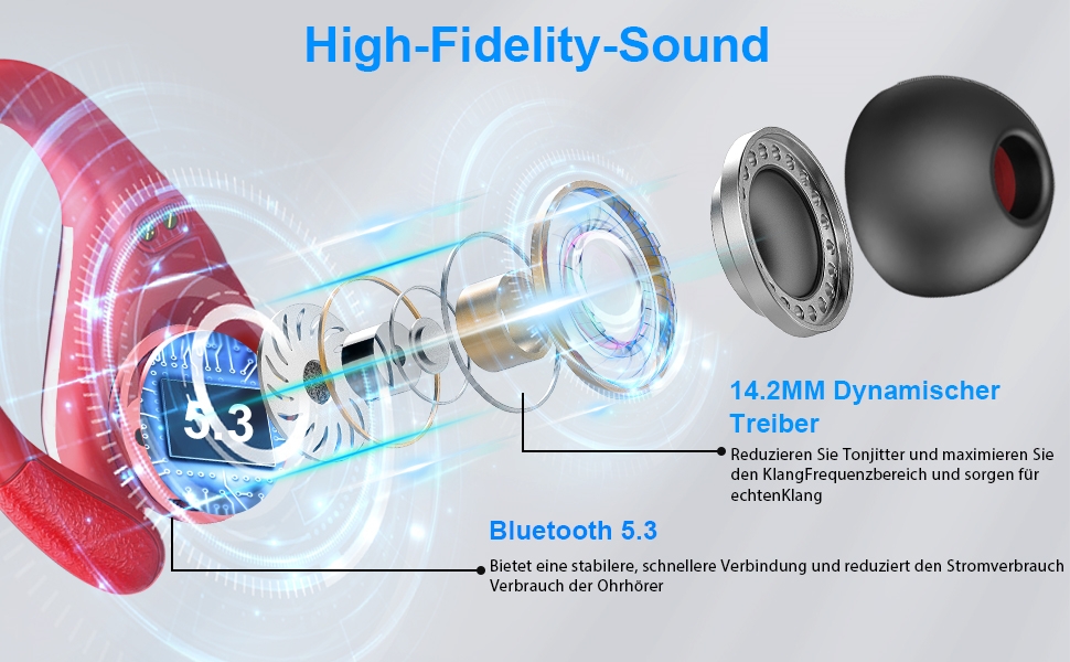 Бездротові спортивні навушники-вкладиші, Bluetooth 5.3, ENC, 75H, Hi-Fi, LED, IP7, USB-C, червоний