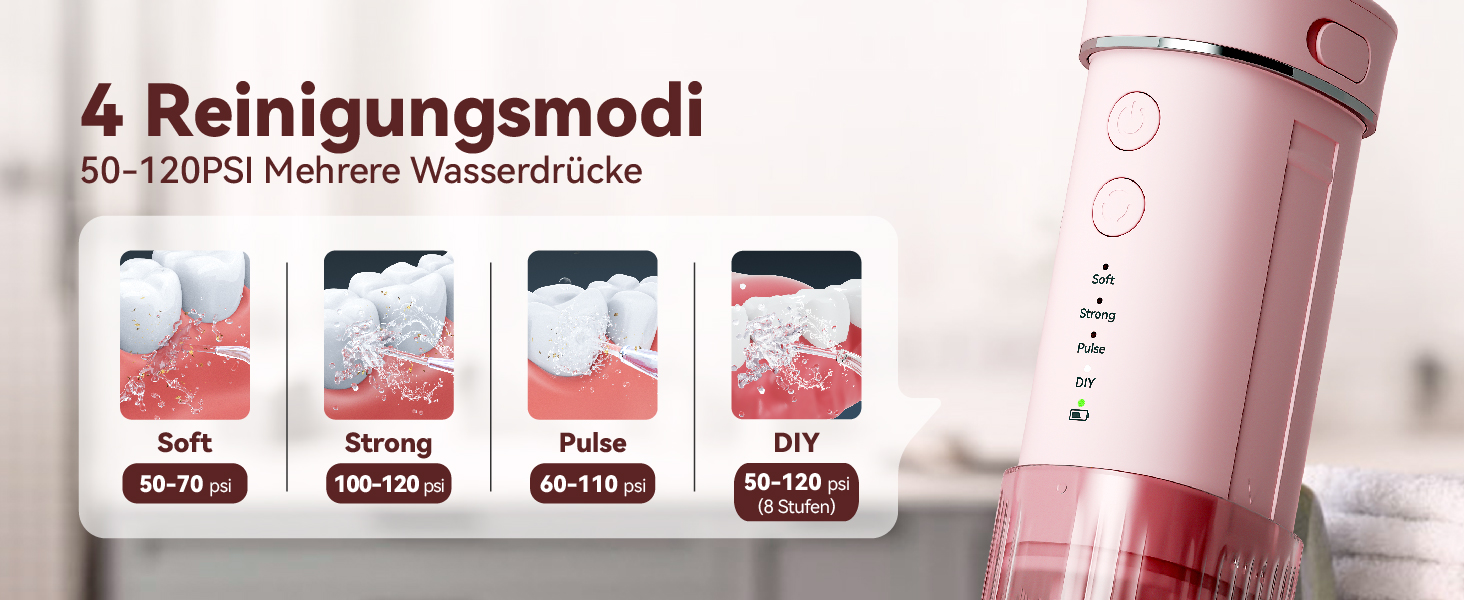 Портативний електричний іригатор для порожнини рота JTF Mini, бездротовий, для подорожей, з 5 насадками, 4 режими, 230 мл, водонепроникний (IPX7), рожевий