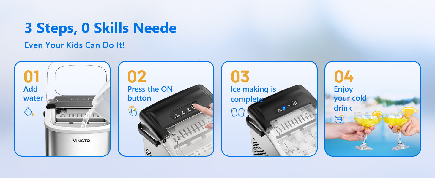 VINATO Льодогенератор портативний для дому та офісу, 12 кг/24 год, срібний. Швидке виробництво льоду (6-8 хв), з лопаткою та кошиком.