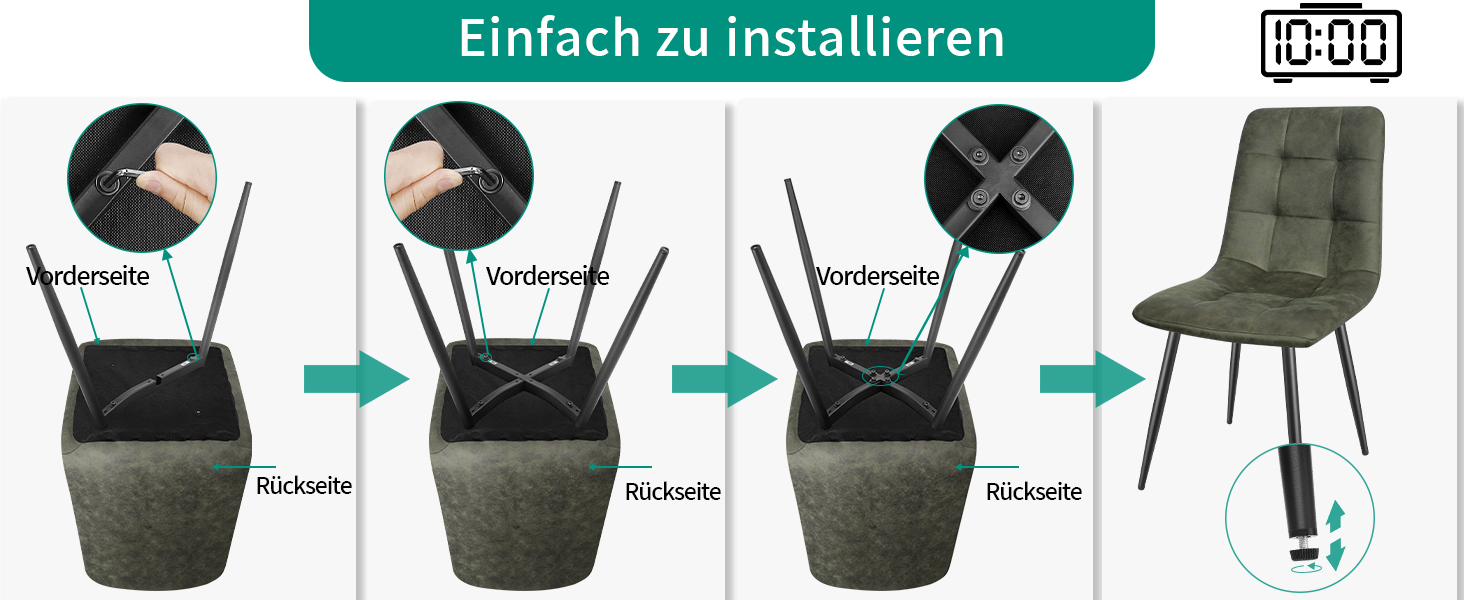 Набір з 4 кухонних стільців Techno, оббивка з тканини, м'які стільці з чорними металевими ніжками, оливковий колір