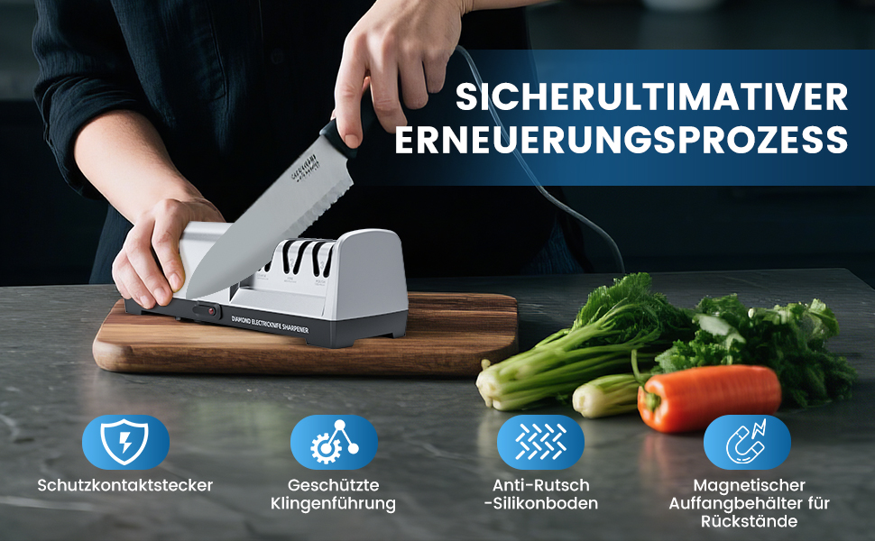 Електричний точильний верстат для ножів MusyVocay з алмазним покриттям, професійний 3-ступеневий, кухонний точило з регулюванням кута 20 градусів для грубого заточування та ремонту, срібний