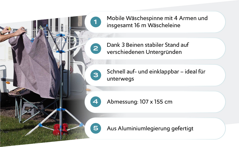 Мобільна ротаційна сушарка Wiltec з 4 рукавами 16 м мотузка для білизни Сушильна стійка Alu Висота 155 см Караван Кемпінг Складаний будинок на колесах Подорожі