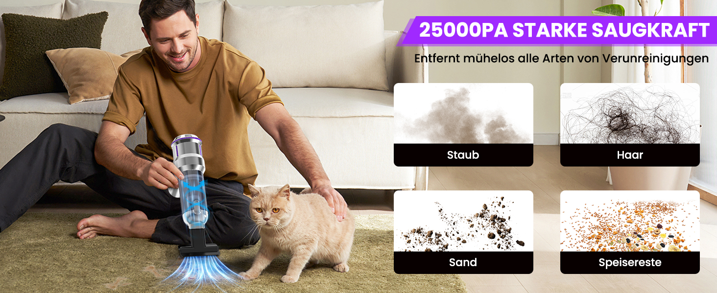 Акумуляторний ручний пилосмок 25000Па з безщітковим двигуном, 4-в-1, самоочищення, 3 режими потужності, для авто, дому та шерсті тварин, сріблясто-фіолетовий