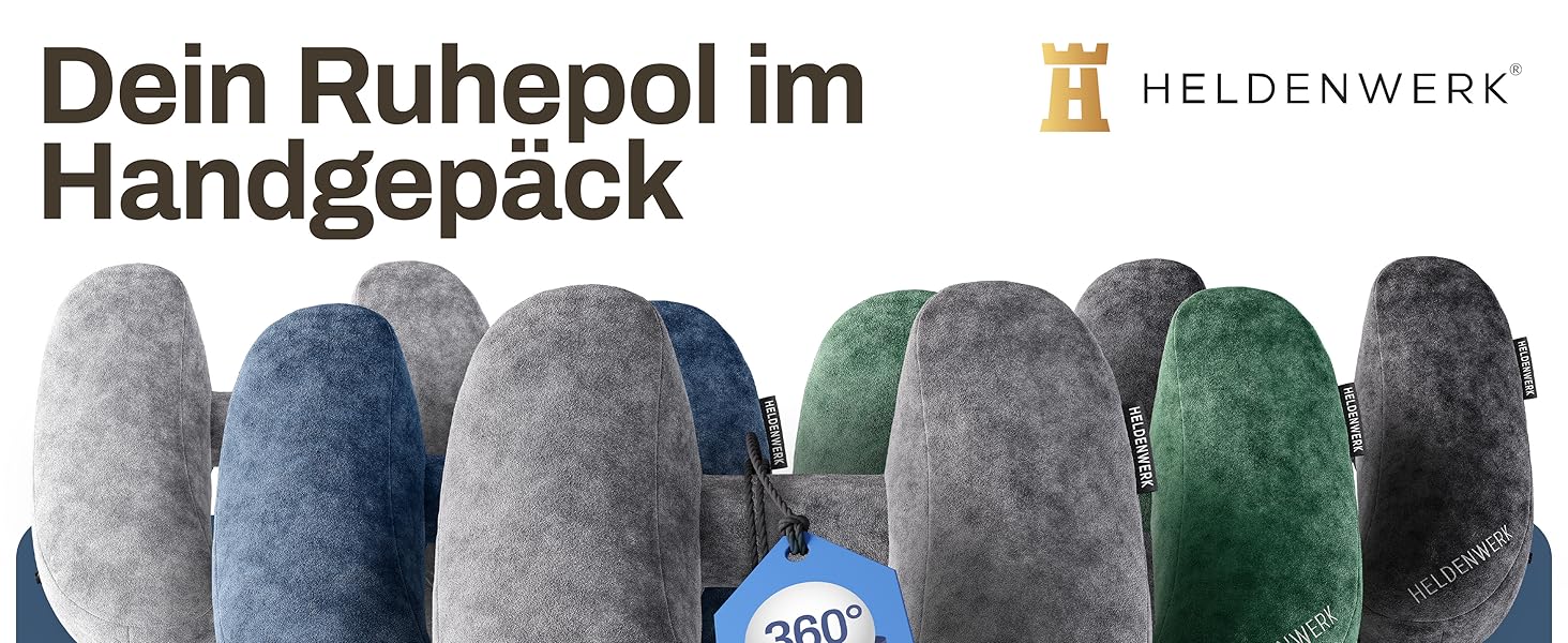 Надувна дорожня подушка для шиї HELDENWERK для літака та авто, регульована під 5 позицій сну, знімний капюшон, м'яка велюрова тканина, темно-сіра, універсальний розмір