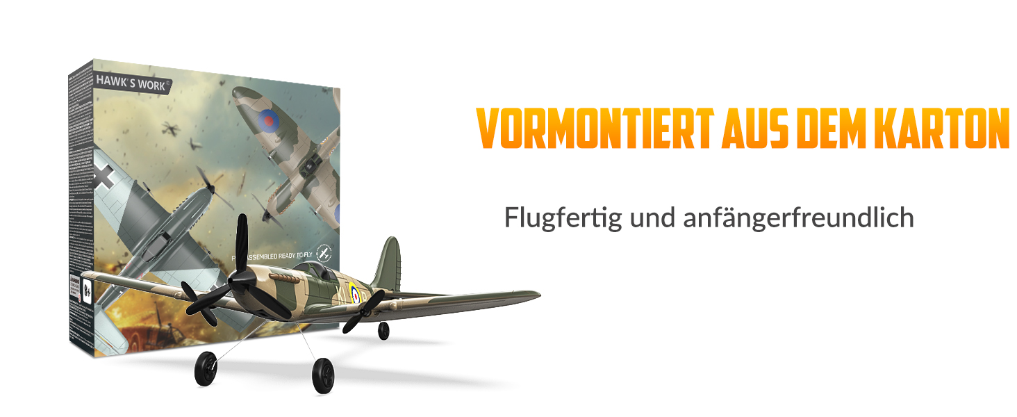 RC літак Hawk's Work Spitfire 2.4GHz - радіокерований винищувач для дітей та початківців, готовий до польоту, 6-осьовий гіростабілізатор