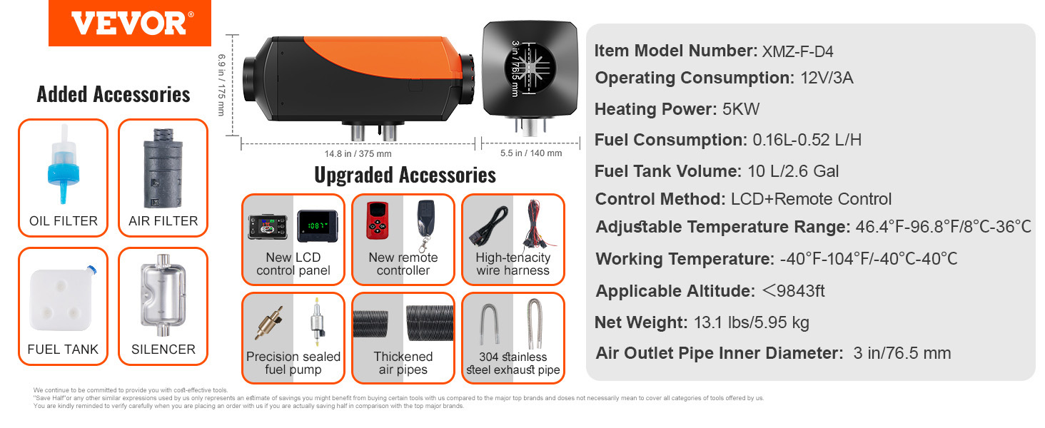 Електрична дизельна опалювальна установка VEVOR 12V 5-8kW з LCD-дисплеєм, пультом та Bluetooth-APP (базова модель, роздільна установка)
