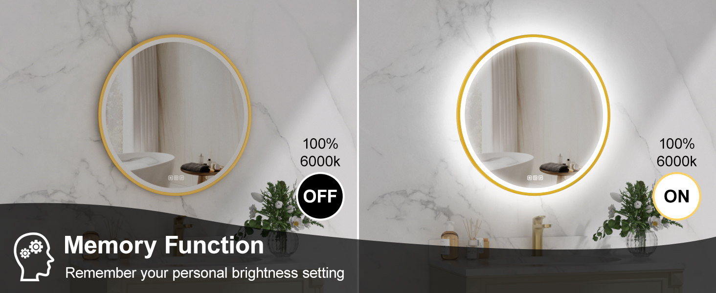 Дзеркало для ванної кімнати Furduzz з LED-підсвічуванням, 700 мм, сенсорне керування, диммування, 3 кольори, протизапотівання, пам'ять, золота рамка (60x60 см)