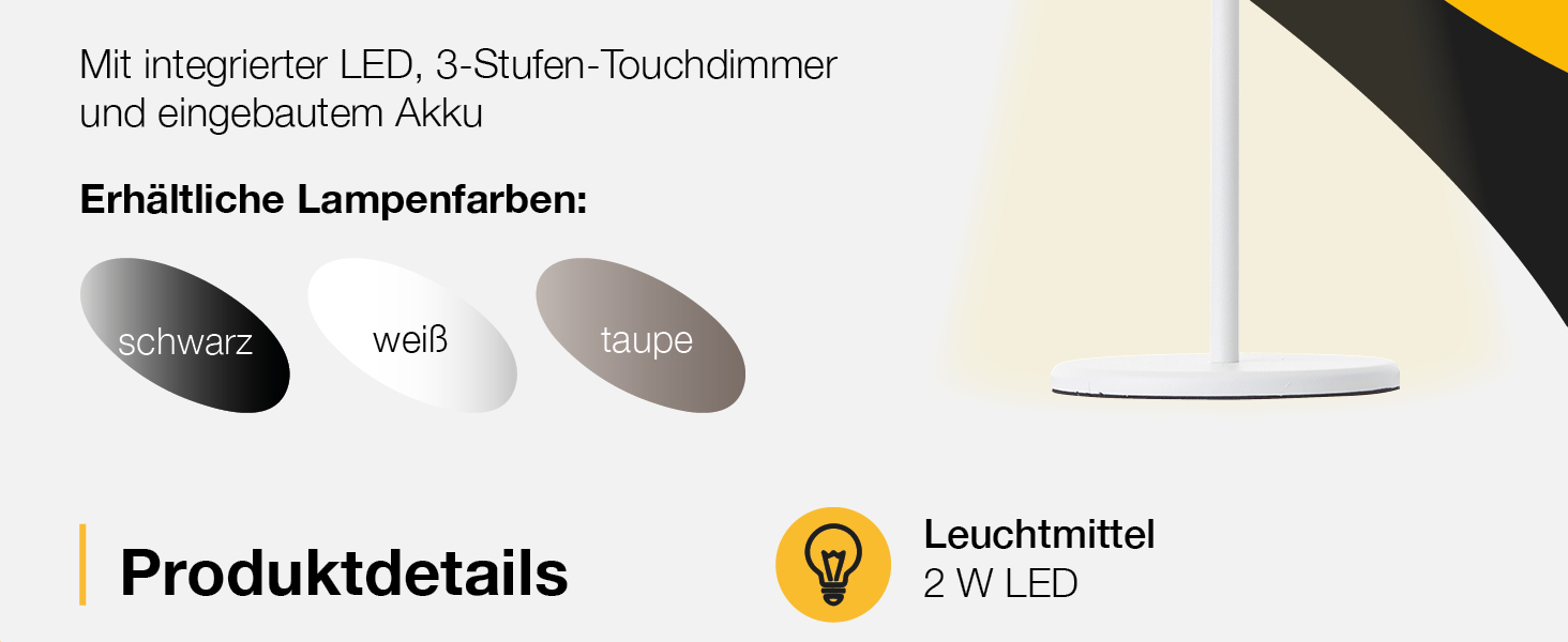 LED настільна лампа Brilliant з диммуванням, акумулятор, сенсорне керування, тепле світло, стильний дизайн, USB-зарядка, для дому