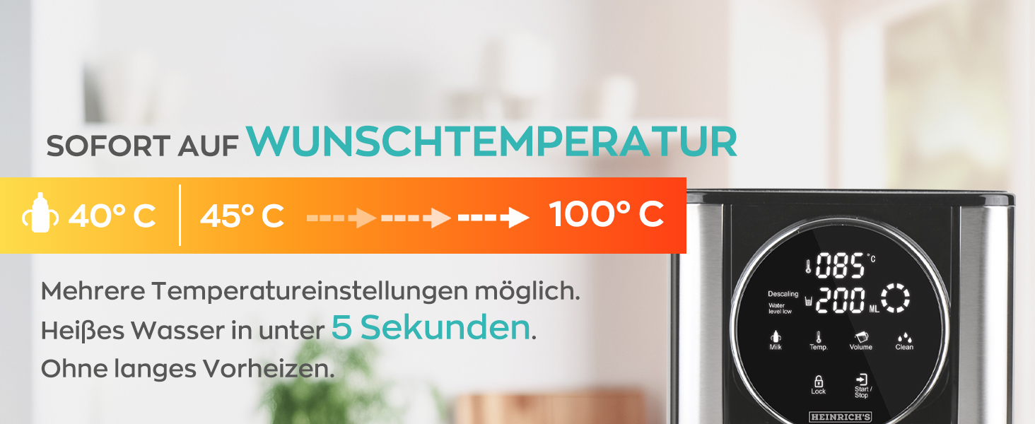 Диспенсер гарячої води Heinrich - гаряча вода за секунду, 40°-100°C, об'єм 100-400 мл, для дитячого харчування, з функцією очищення та фільтром, сенсорний дисплей, 2.7 л